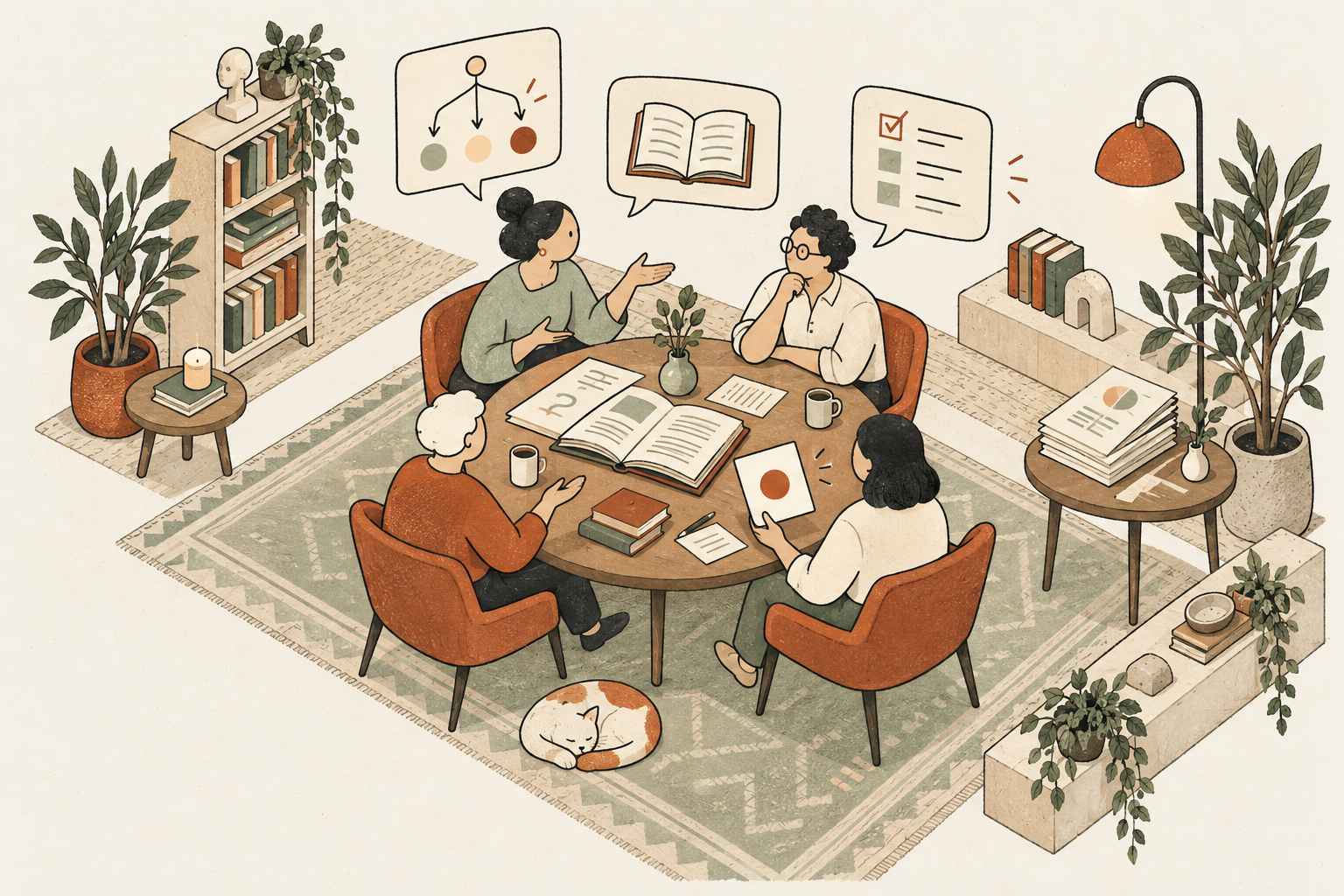 Original hand-drawn illustration of fictional advisors bringing different perspectives to a shared book and work brief