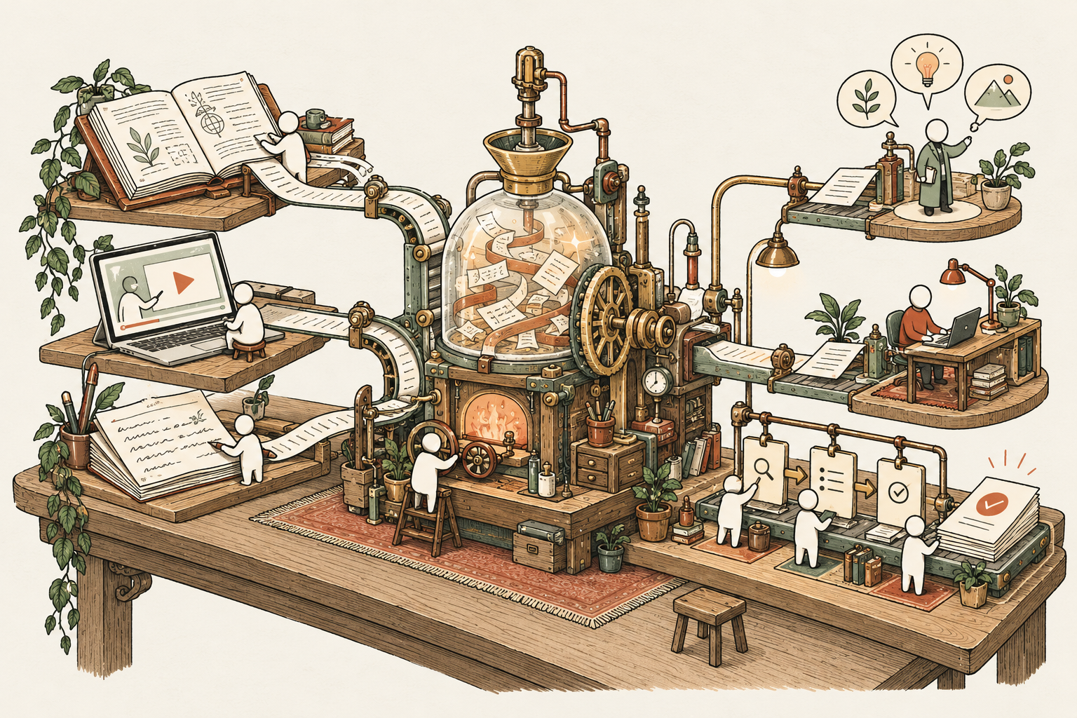 Original hand-drawn alchemy workbench connecting books, learning, and a working AI team