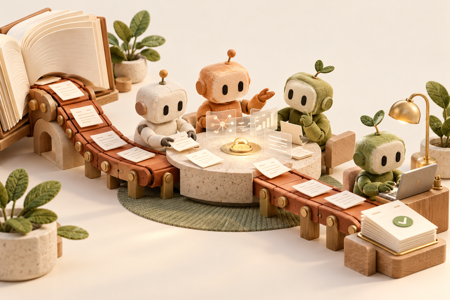 Soft fictional robots collaborating around an advisory table